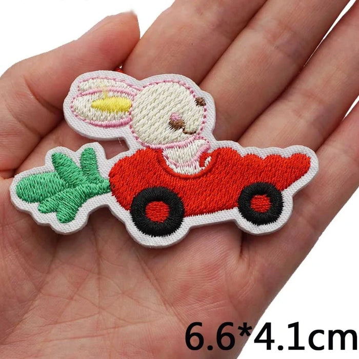 Cute Bunny 'Riding Carrot Car' Embroidered Patch