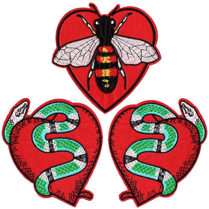 Snake and Bee Heart 'Set of 3' Embroidered Patch