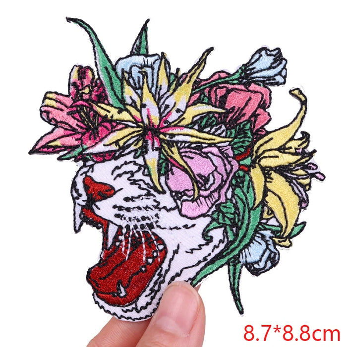 Floral Head 'Yawning Tiger' Embroidered Patch