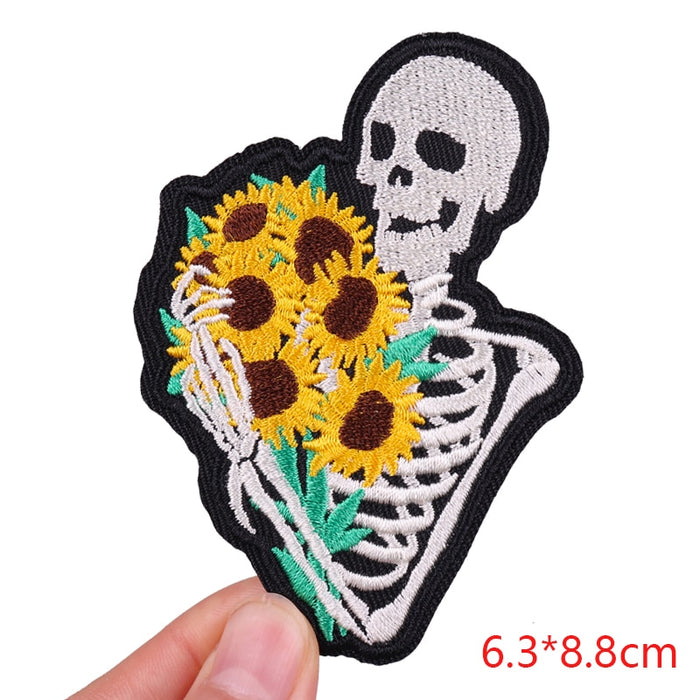 Skeleton 'Holding Sunflowers' Embroidered Patch