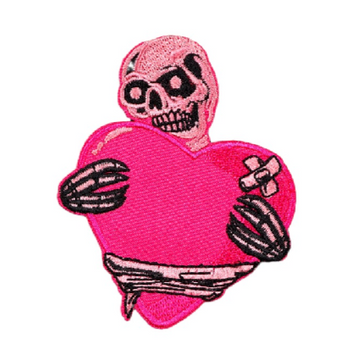 Skeleton 'Hugging Pink Heart' Embroidered Patch