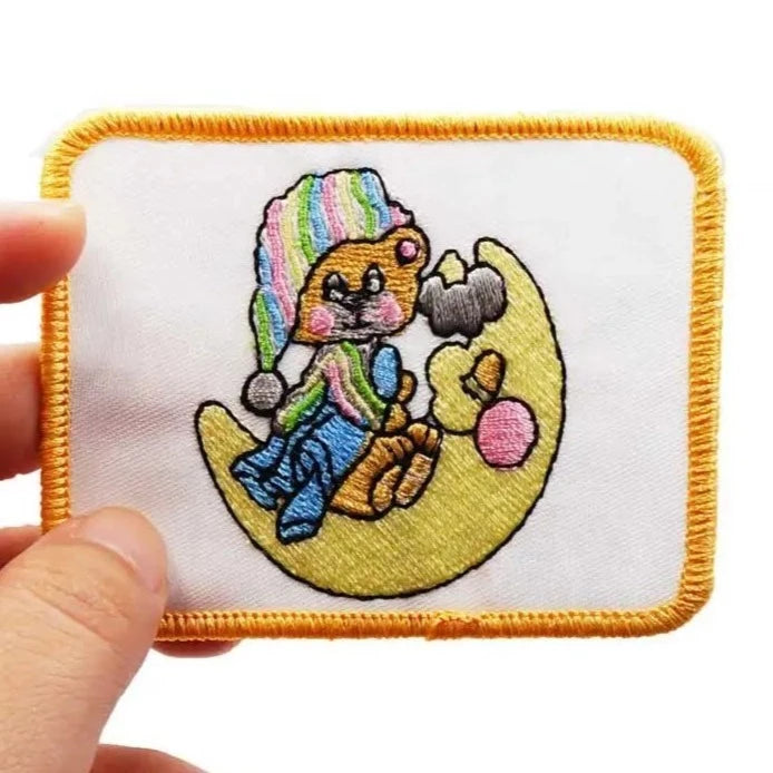 Cute Bear 'Sitting on Moon | Square' Embroidered Velcro Patch
