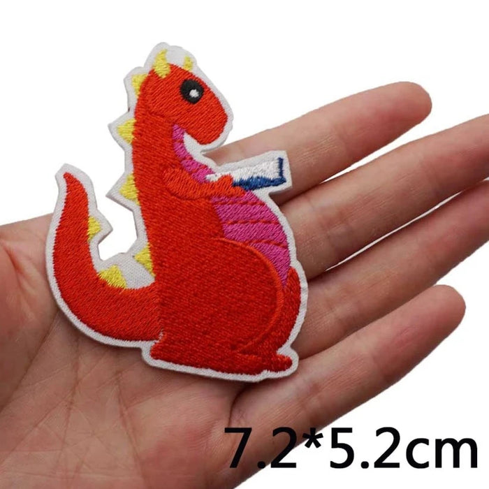 Red Dinosaur 'Reading Book' Embroidered Patch
