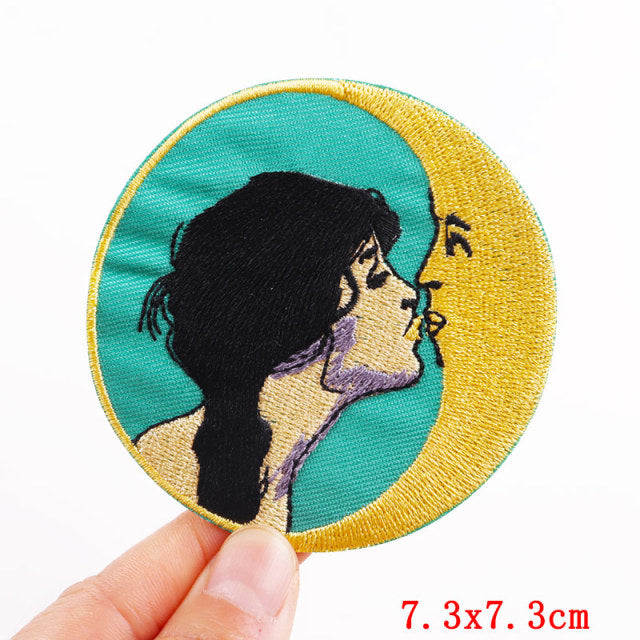 Art 'Girl Kissing Moon' Embroidered Patch