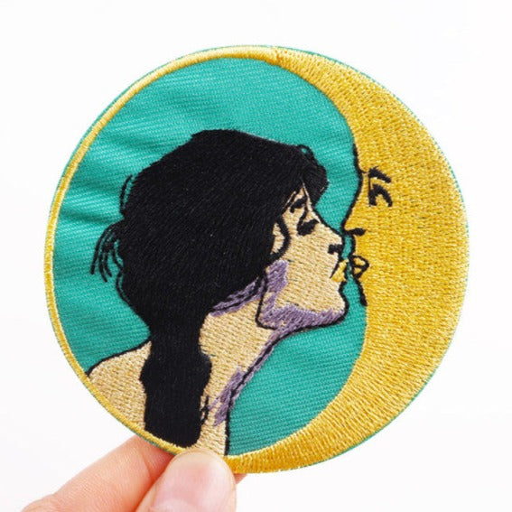 Art 'Girl Kissing Moon' Embroidered Patch