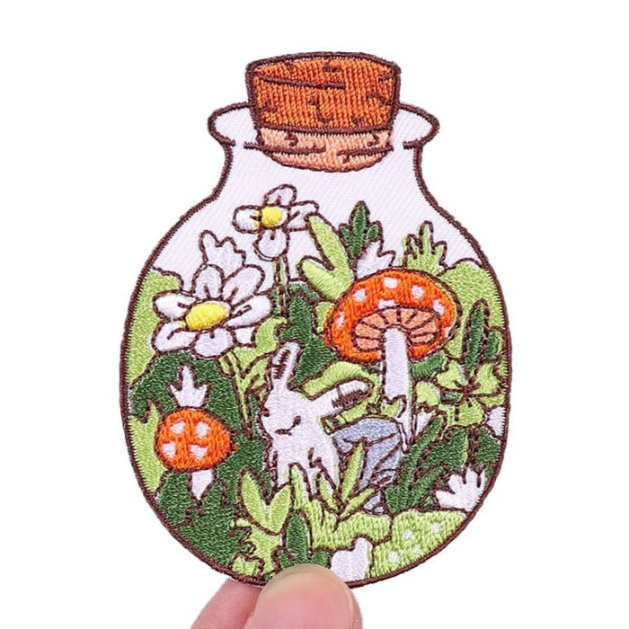 Cute 'Bunny Garden In A Jar' Embroidered Patch