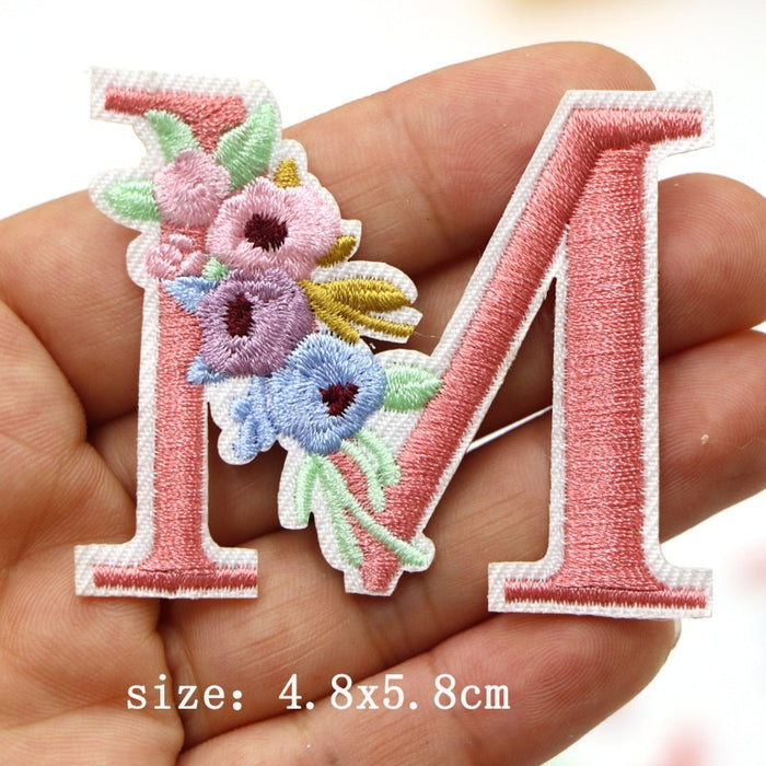 Cute 'Pink Letter M | Flowers' Embroidered Patch