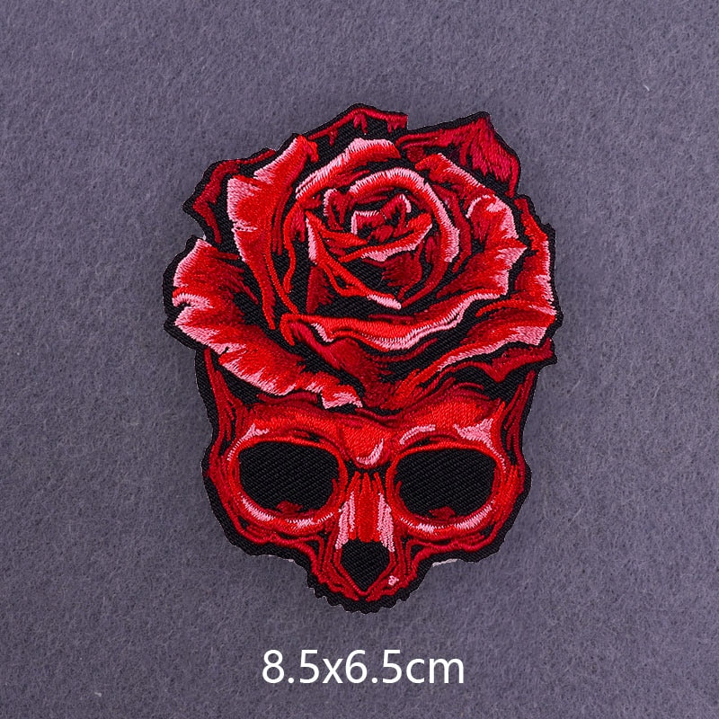 Red Rose Skull Embroidered Patch