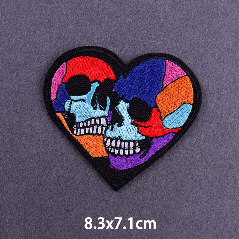 Heart Shaped 'Two Colorful Skulls' Embroidered Patch