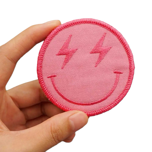 Funny Emoji 'Pink Smiley with Lightning Eyes' Embroidered Patch