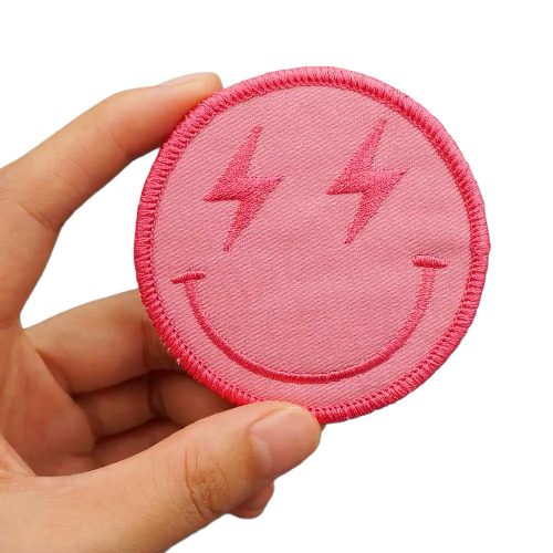 Funny Emoji 'Pink Smiley with Lightning Eyes' Embroidered Velcro Patch