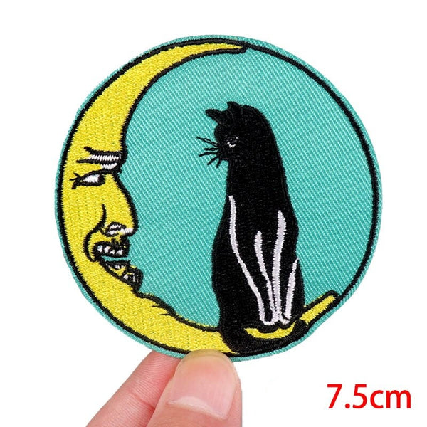 Cute 'Black Cat and Moon' Embroidered Patch