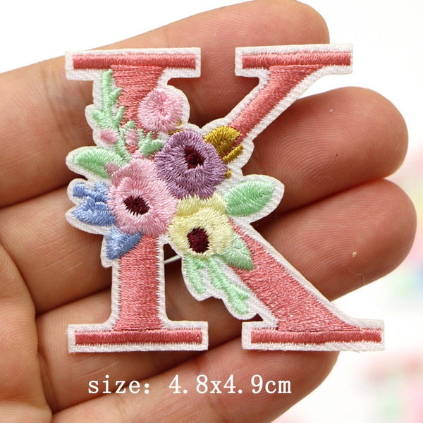 Cute 'Pink Letter K | Flowers' Embroidered Patch