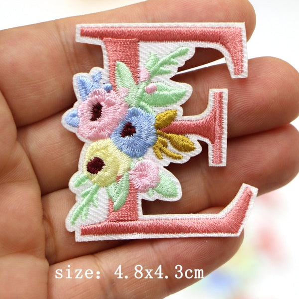 Cute 'Pink Letter E | Flowers' Embroidered Patch