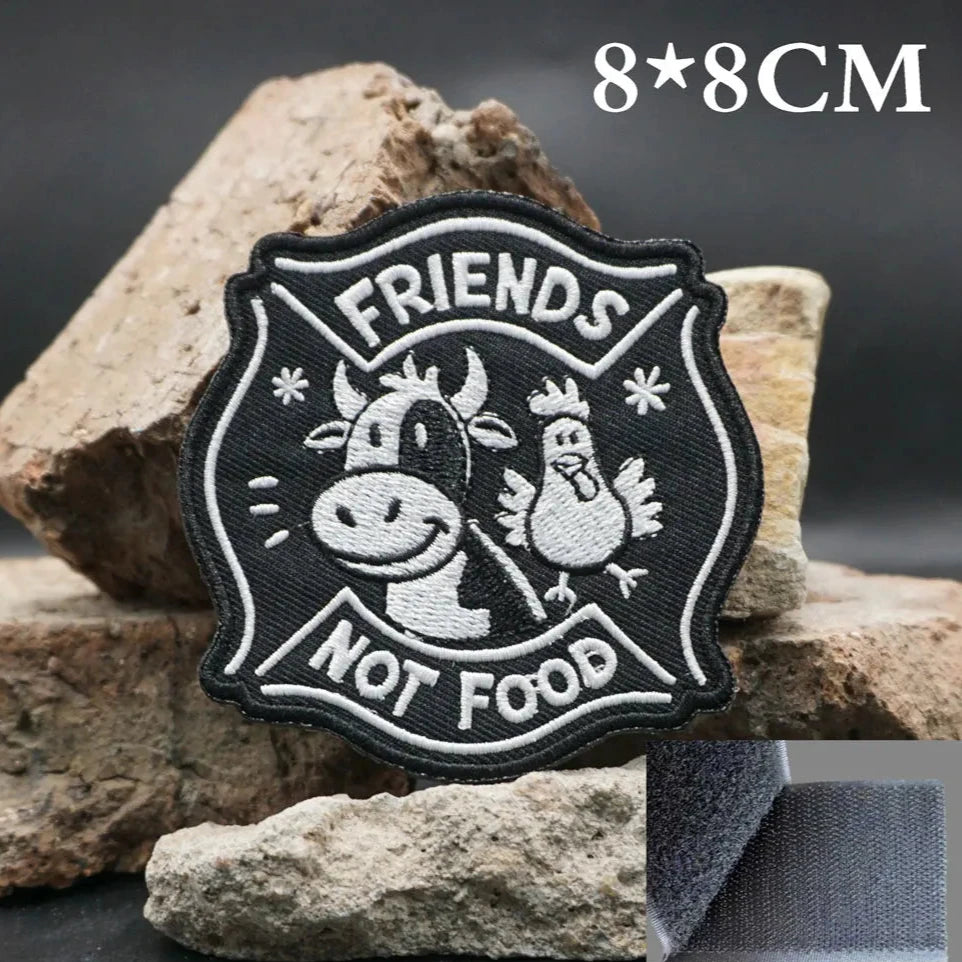 Cute Cow and Chicken 'Friends Not Food' Embroidered Velcro Patch