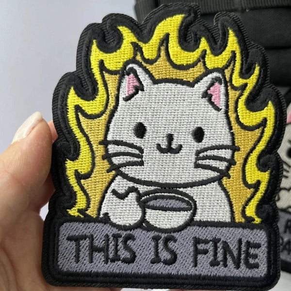 Cute Cat 'This Is Fine' Embroidered Velcro Patch