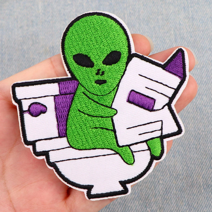 Funny Alien ‘Reading and Pooping’ Embroidered Patch — Little Patch Co