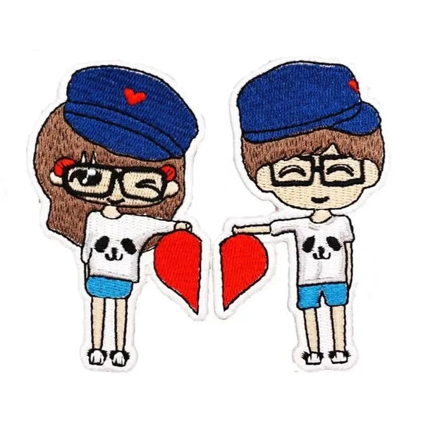 Cute Couple 'Holding Half Heart' Embroidered Velcro Patch