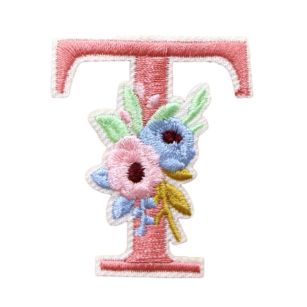 Cute 'Pink Letter T | Flowers' Embroidered Patch