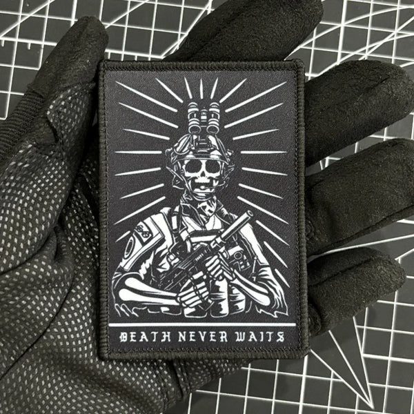 Skull Soldier 'Death Never Waits' Embroidered Velcro Patch