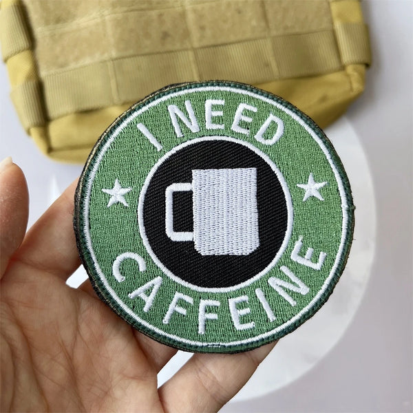 Coffee Lover 'I Need Caffeine' Embroidered Velcro Patch