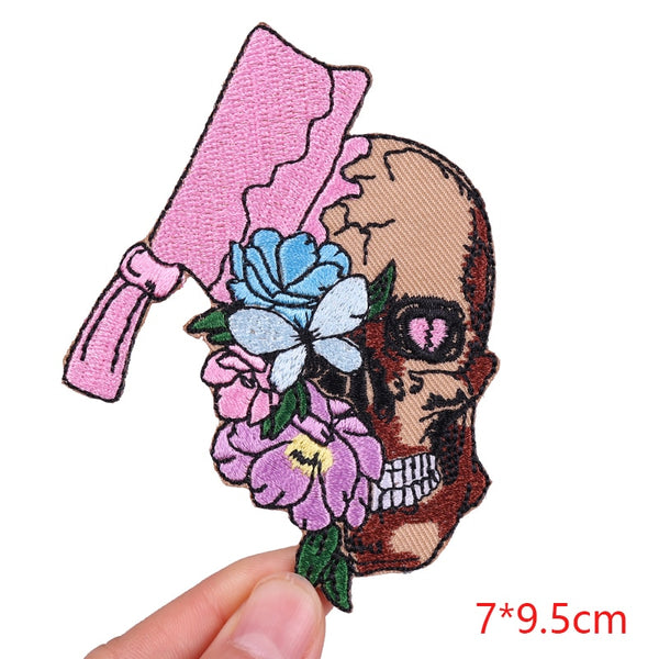 Stabbed Skull 'Half Floral' Embroidered Patch