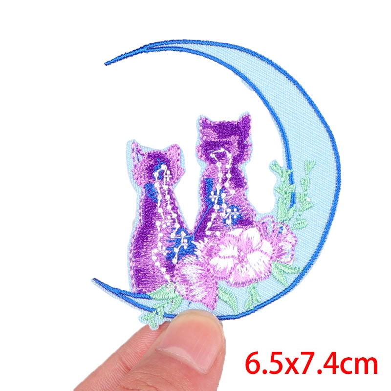 Crescent Moon 'Purple Cats' Embroidered Patch