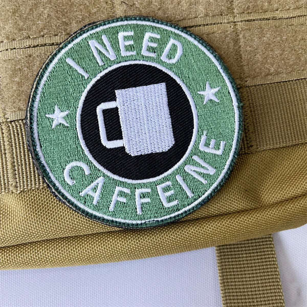 Coffee Lover 'I Need Caffeine' Embroidered Velcro Patch