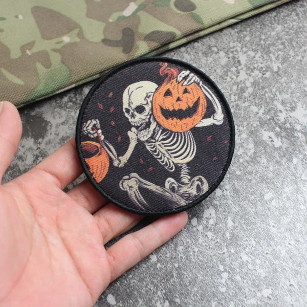 Skull 'Skeleton Holding A Pumpkins | Laughing' Embroidered Velcro Patch