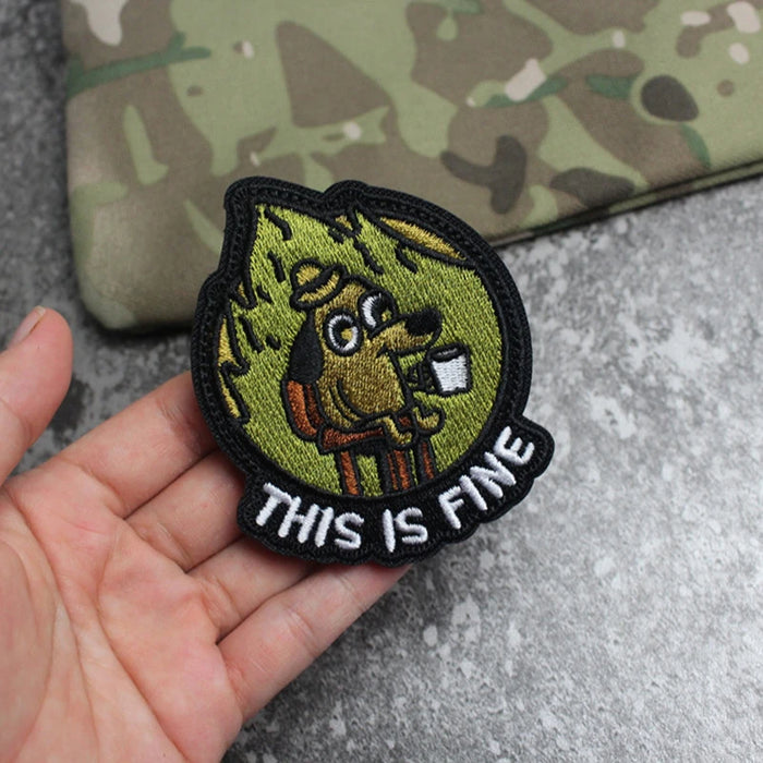 Cute Dog 'Drinking Coffee | This Is Fine' Embroidered Velcro Patch