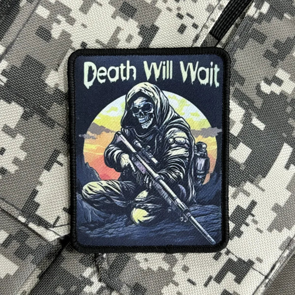 Skull Soldier 'Death Will Wait' Embroidered Velcro Patch