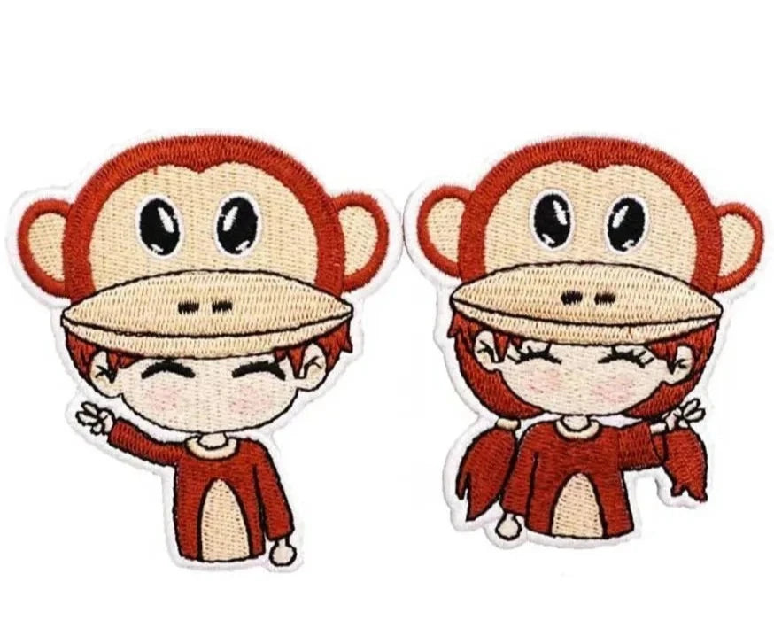 Cute Couple 'Wearing Monkey Hat' Embroidered Velcro Patch