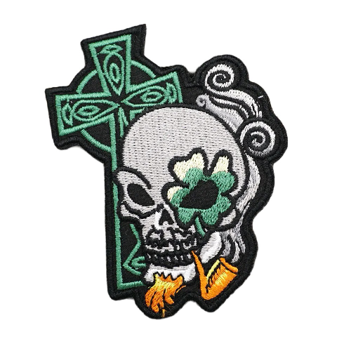 Irish Skull 'Green Cross and Pipe' Embroidered Velcro Patch