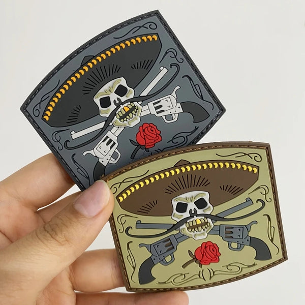 Cowboy Skull 'Double Gun and Rose' PVC Rubber Velcro Patch