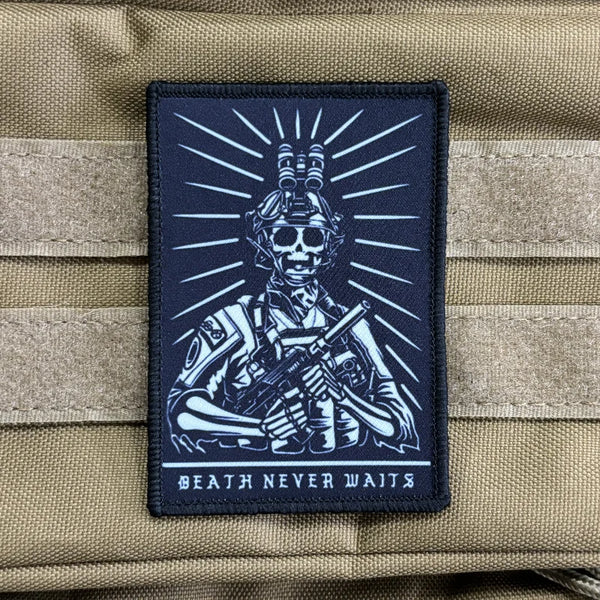 Skull Soldier 'Death Never Waits' Embroidered Velcro Patch