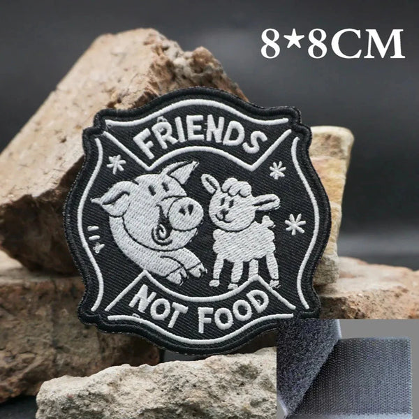 Cute Sheep and Pig 'Friends Not Food' Embroidered Velcro Patch