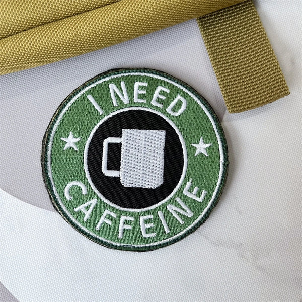 Coffee Lover 'I Need Caffeine' Embroidered Velcro Patch