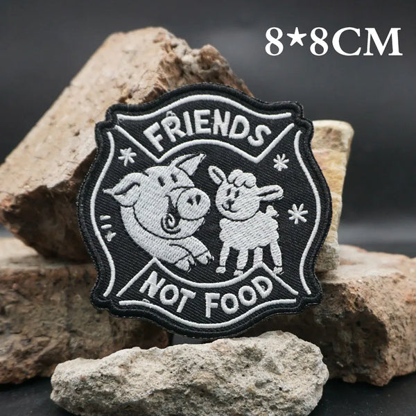 Cute Sheep and Pig 'Friends Not Food' Embroidered Patch