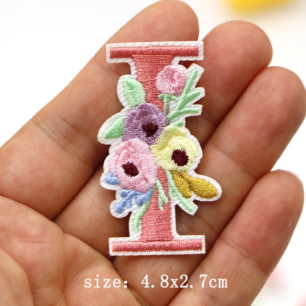 Cute 'Pink Letter I | Flowers' Embroidered Patch
