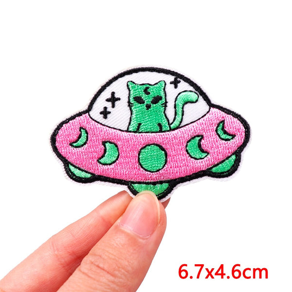 Alien Cat 'Riding UFO' Embroidered Patch