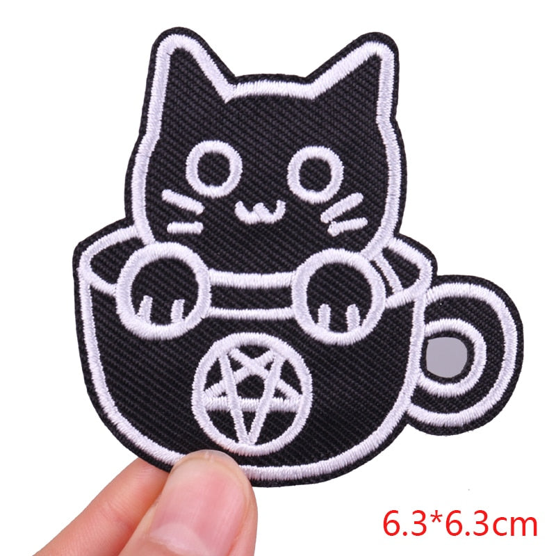 Cute 'Black Cat In Pentagram Cup' Embroidered Patch