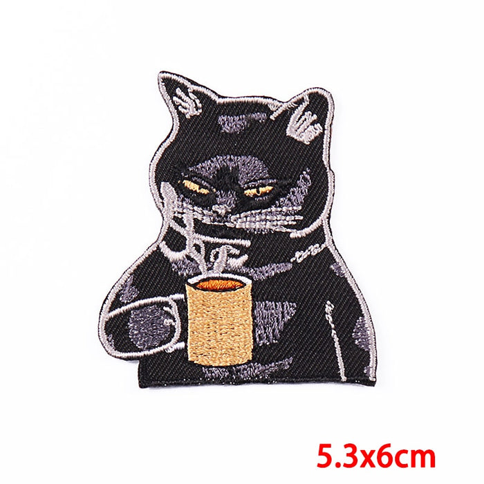 Black Cat 'Drinking Coffee' Embroidered Patch