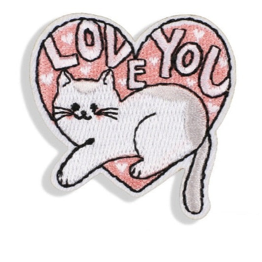 Cute Cat 'White | Love You | Heart' Embroidered Patch