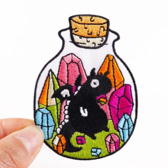 Cute 'Black Dragon | Glass Jar | Rainbow Crystal' Embroidered Patch