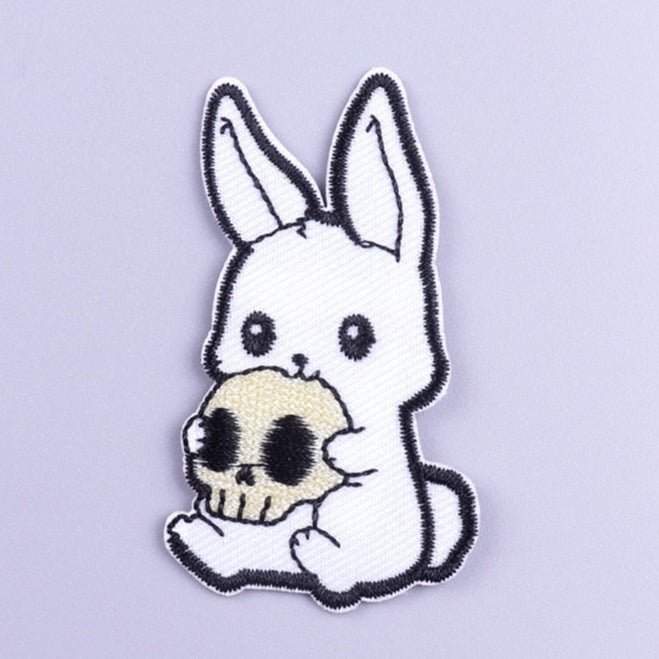 Cute 'White Bunny | Holding A Skull' Embroidered Patch