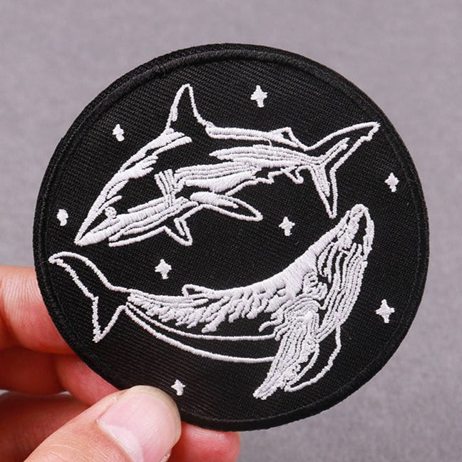 Whale And Shark 'Black And White' Embroidered Patch