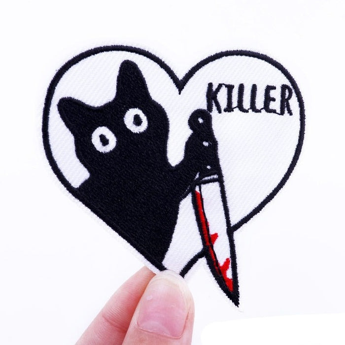 Heart Shaped 'Killer | Cat Holding A Bloody Knife' Embroidered Patch