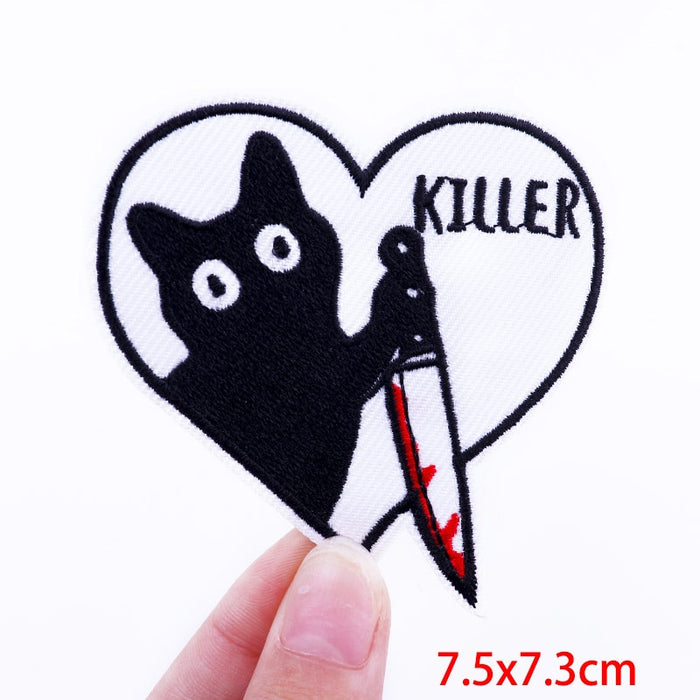Heart Shaped 'Killer | Cat Holding A Bloody Knife' Embroidered Patch