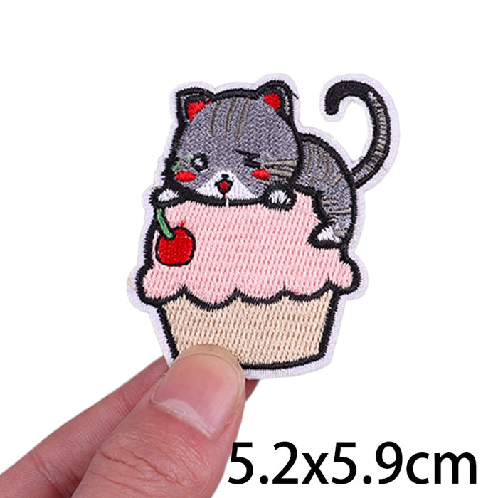 Cute Cat 'Embracing Cupcake' Embroidered Velcro Patch