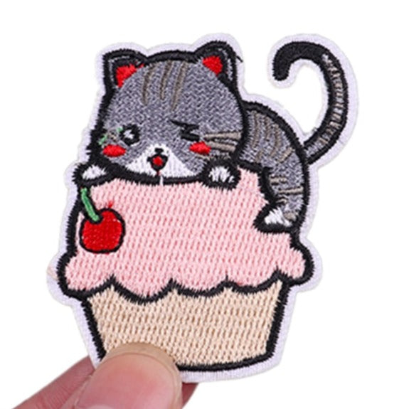 Cute Cat 'Embracing Cupcake' Embroidered Velcro Patch